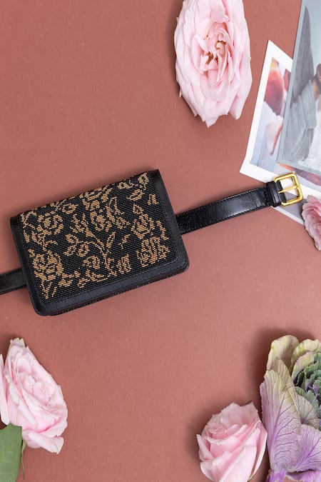 Shop The Leather Garden Black Embroidery Gayatri Floral Flap Bag With Sling Online at Aza Fashions Shop_The Leather Garden_Black Embroidery Gayatri Floral Flap Bag With Sling _Online_at_Aza_Fashions