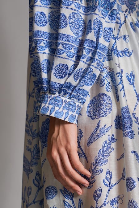 Buy_Payal Jain_White Cotton Silk Chanderi Shirt Collar Printed Dress_Online_at_Aza_Fashions