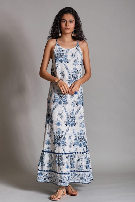 Payal Jain - White Cotton Dobby Round Printed Dress For Women