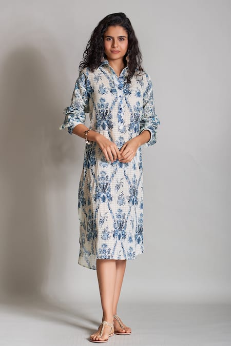 Buy Payal Jain White Cotton Cutwork Dobby Shirt Collar Printed Tunic Online at Aza Fashions Buy_Payal Jain_White Cotton Cutwork Dobby Shirt Collar Printed Tunic _Online_at_Aza_Fashions