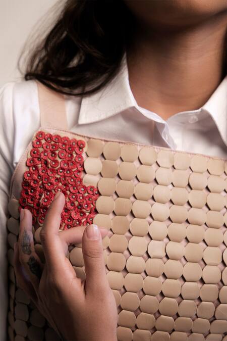 Devina Juneja_Beige Organza, Cotton Satin Sqaure Applique Crop Top_Online_at_Aza_Fashions