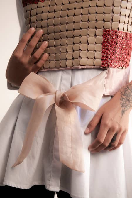 Buy_Devina Juneja_Beige Organza, Cotton Satin Sqaure Applique Crop Top_Online_at_Aza_Fashions