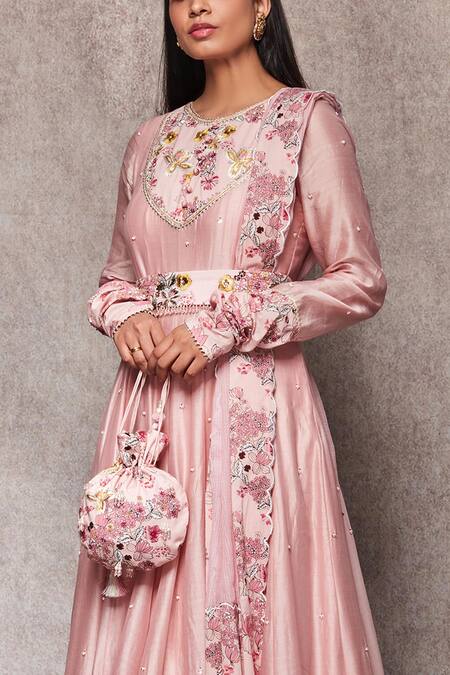 Buy_Ajiesh Oberoi_Pink Cotton, Chanderi, Kota Doria Round Embroidered Anarkali Set_Online_at_Aza_Fashions