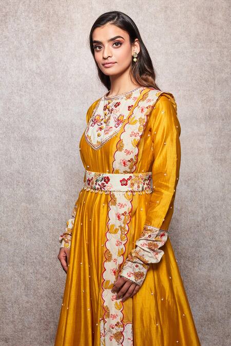 Shop_Ajiesh Oberoi_Yellow Cotton, Chanderi, Kota Doria Round Embroidered Anarkali Set_Online_at_Aza_Fashions