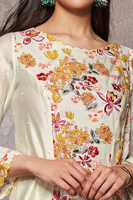 Ajiesh Oberoi_White Chanderi, Kota Doria, Mulmul Boat Embroidered Kurta And Palazzo Set_Online_at_Aza_Fashions