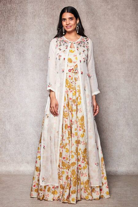 Ajiesh Oberoi_White Kota Doria, Mulmul Round Embroidered Gown With Jacket _Online_at_Aza_Fashions