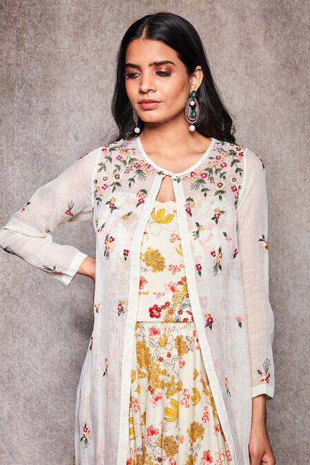 Ajiesh Oberoi_White Kota Doria, Mulmul Round Embroidered Gown With Jacket _at_Aza_Fashions