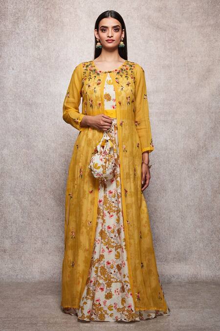 Ajiesh Oberoi_Yellow Kota Doria, Mulmul Round Embroidered Gown With Jacket _Online_at_Aza_Fashions