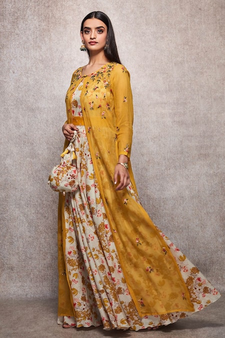 Buy_Ajiesh Oberoi_Yellow Kota Doria, Mulmul Round Embroidered Gown With Jacket _Online_at_Aza_Fashions