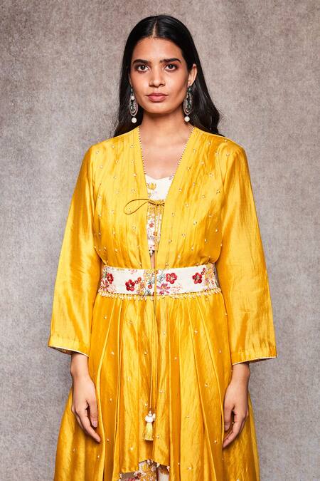 Ajiesh Oberoi_Yellow Chanderi, Mulmul Open Embroidered Jacket And Gharara Set_Online_at_Aza_Fashions