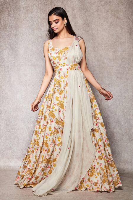 Buy_Ajiesh Oberoi_White Kota Doria, Mulmul Sweetheart Neck Embroidered Gown_Online_at_Aza_Fashions
