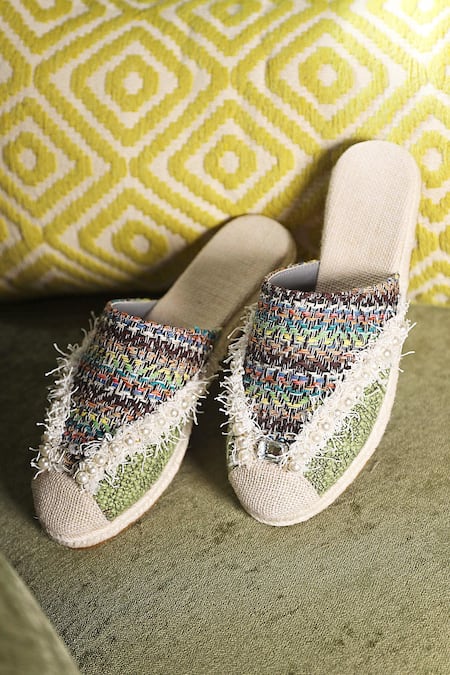 Buy Aanchal Sayal Multi Color Embroidered Dayita Jute Mules at Aza Fashions Buy_Aanchal Sayal_Multi Color Embroidered Dayita Jute Mules_at_Aza_Fashions