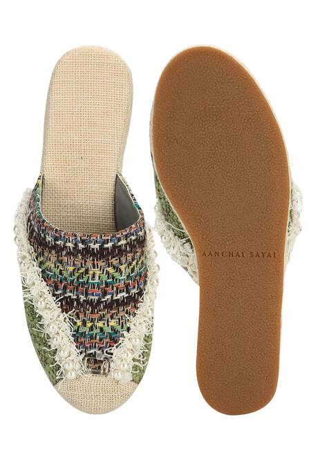 Shop Aanchal Sayal Multi Color Embroidered Dayita Jute Mules at Aza Fashions Shop_Aanchal Sayal_Multi Color Embroidered Dayita Jute Mules_at_Aza_Fashions