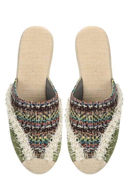 Shop Aanchal Sayal Multi Color Embroidered Dayita Jute Mules Online at Aza Fashions Shop_Aanchal Sayal_Multi Color Embroidered Dayita Jute Mules_Online_at_Aza_Fashions