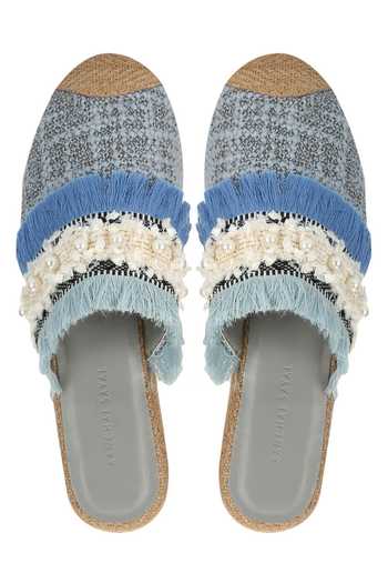 Aanchal Sayal_Blue Embroidered Fringe Mules_Online_at_Aza_Fashions