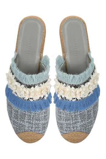 Shop_Aanchal Sayal_Blue Embroidered Fringe Mules_Online_at_Aza_Fashions