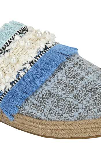 Aanchal Sayal_Blue Embroidered Fringe Mules_at_Aza_Fashions