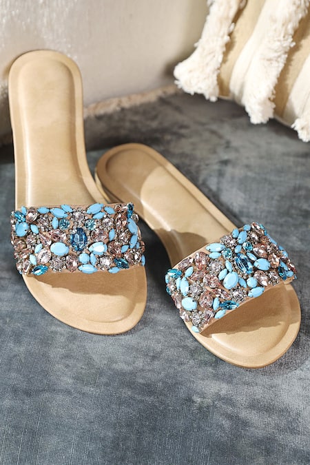 Buy Beige Embroidered Kyra Crystal Sliders by Aanchal Sayal Online