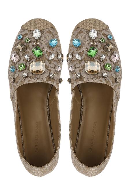 Aanchal Sayal_Beige Embroidered Bhavya Crystal Espadrilles _Online_at_Aza_Fashions