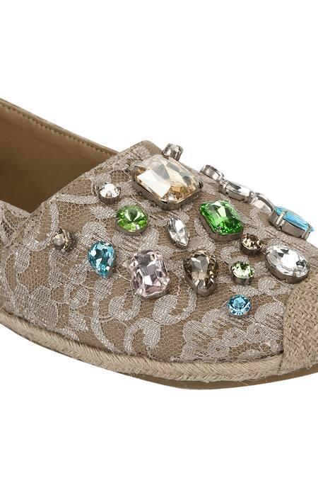 Aanchal Sayal_Beige Embroidered Bhavya Crystal Espadrilles _at_Aza_Fashions