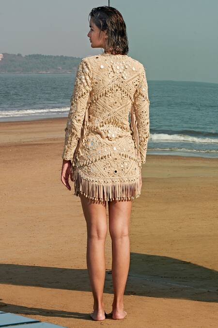 Shop_Arpita Mehta_Beige Embroidered Fringe Jacket Dress _at_Aza_Fashions