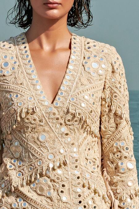 Buy_Arpita Mehta_Beige Embroidered Fringe Jacket Dress _Online_at_Aza_Fashions