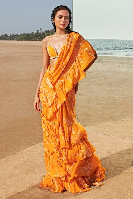 Arpita Mehta Yellow Ruffle Pre-draped Saree With Blouse 