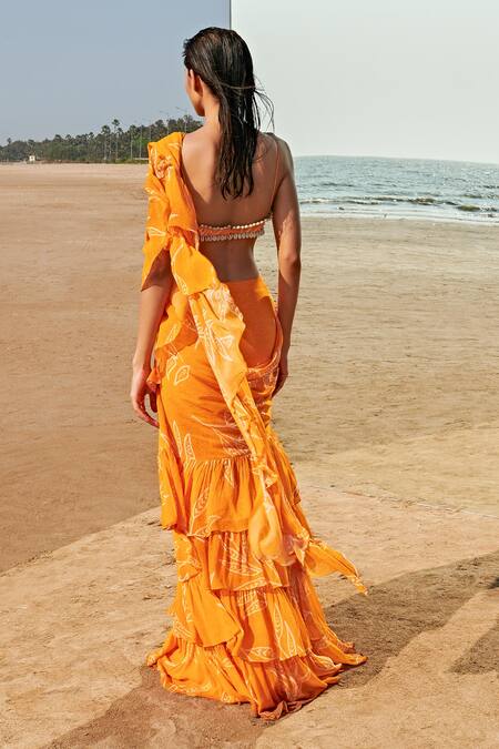 Shop Arpita Mehta Yellow Ruffle Pre-draped Saree With Blouse at Aza Fashions Shop_Arpita Mehta_Yellow Ruffle Pre-draped Saree With Blouse_at_Aza_Fashions