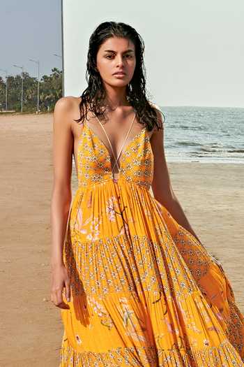 Arpita Mehta_Yellow Tiered Backless Gown_Online_at_Aza_Fashions