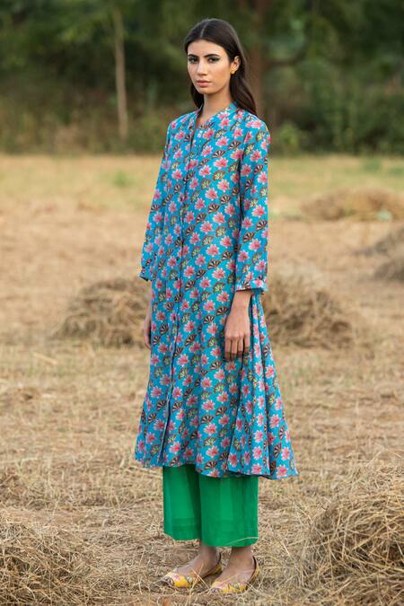 Buy_Rang Swati Vijaivargie_Blue Silk Chanderi Mandarin Collar Kurta And Pant Set _Online_at_Aza_Fashions