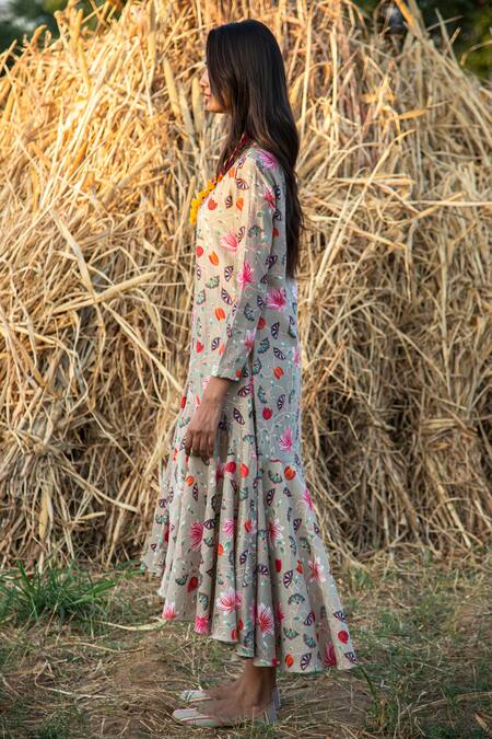 Shop_Rang Swati Vijaivargie_Beige Silk Chanderi Mandarin Collar Printed Dress _Online_at_Aza_Fashions