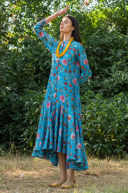 Rang Swati Vijaivargie_Blue Silk Chanderi Mandarin Collar Printed Dress _Online_at_Aza_Fashions