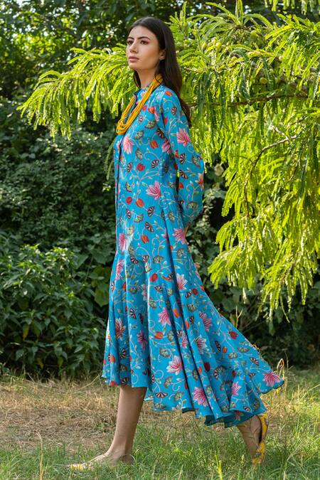 Buy_Rang Swati Vijaivargie_Blue Silk Chanderi Mandarin Collar Printed Dress _Online_at_Aza_Fashions
