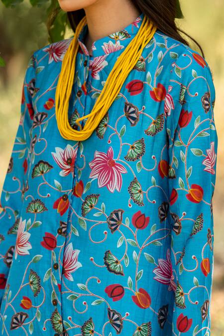 Shop_Rang Swati Vijaivargie_Blue Silk Chanderi Mandarin Collar Printed Dress _Online_at_Aza_Fashions
