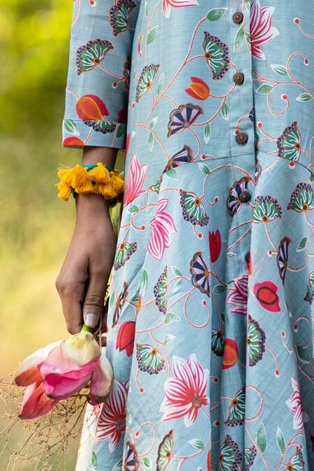 Shop_Rang Swati Vijaivargie_Grey Silk Chanderi Mandarin Collar Printed Dress _Online_at_Aza_Fashions