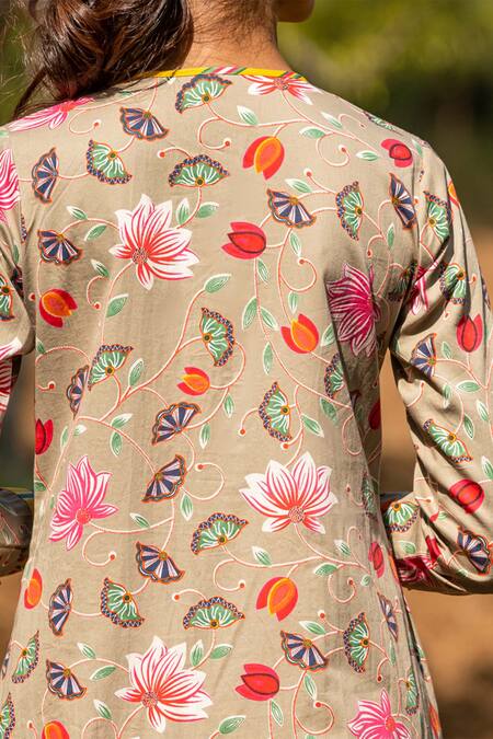 Shop_Rang Swati Vijaivargie_Beige Cotton Satin Round Floral Print Kurta And Pant Set _Online_at_Aza_Fashions