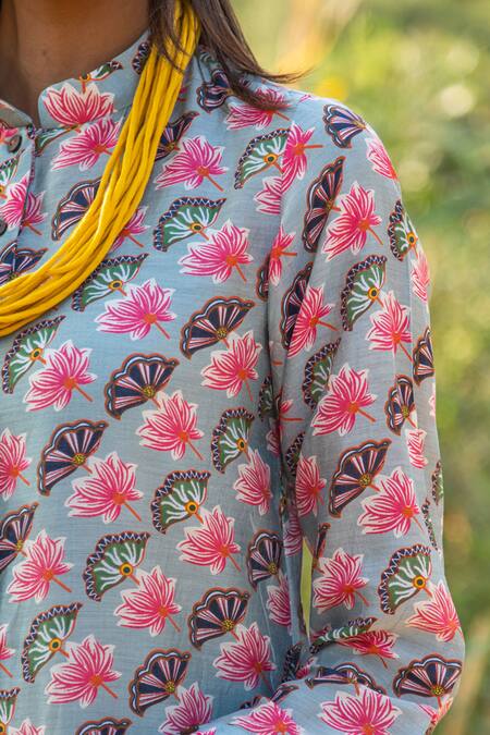 Shop_Rang Swati Vijaivargie_Grey Silk Chanderi Mandarin Collar Printed Dress _Online_at_Aza_Fashions