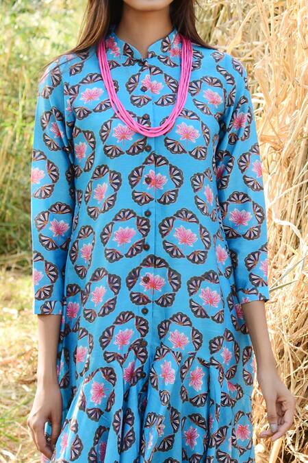 Buy_Rang Swati Vijaivargie_Blue Silk Chanderi Mandarin Collar Printed Dress _Online_at_Aza_Fashions