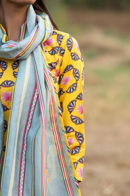 Shop_Rang Swati Vijaivargie_Yellow Cotton Satin Round Floral Print Kurta And Pant Set _Online_at_Aza_Fashions