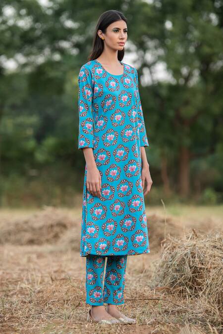 Rang Swati Vijaivargie_Blue Cotton Satin Round Floral Print Kurta And Pant Set _Online_at_Aza_Fashions