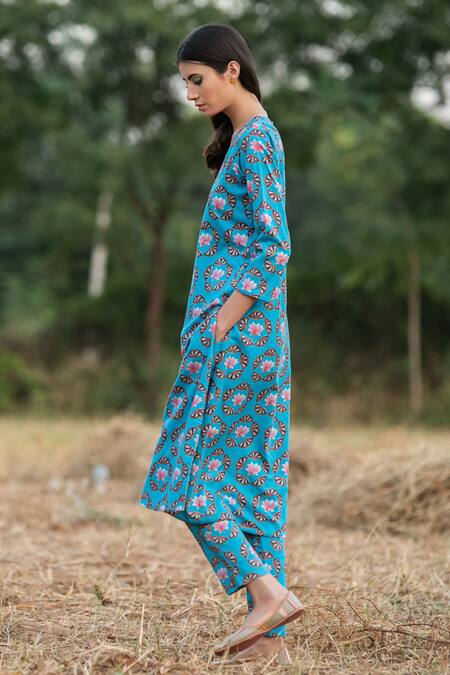 Buy_Rang Swati Vijaivargie_Blue Cotton Satin Round Floral Print Kurta And Pant Set _Online_at_Aza_Fashions