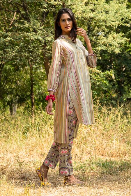 Rang Swati Vijaivargie_Beige Cotton Satin, Silk Chanderi Mandarin Collar Tunic And Pant Set _Online_at_Aza_Fashions