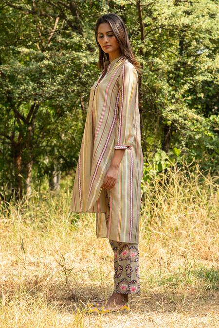 Buy_Rang Swati Vijaivargie_Beige Cotton Satin, Silk Chanderi Mandarin Collar Tunic And Pant Set _Online_at_Aza_Fashions