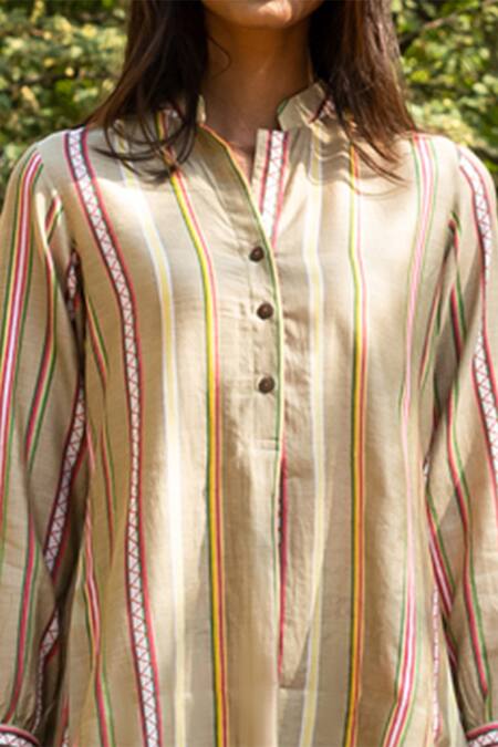 Shop_Rang Swati Vijaivargie_Beige Cotton Satin, Silk Chanderi Mandarin Collar Tunic And Pant Set _Online_at_Aza_Fashions