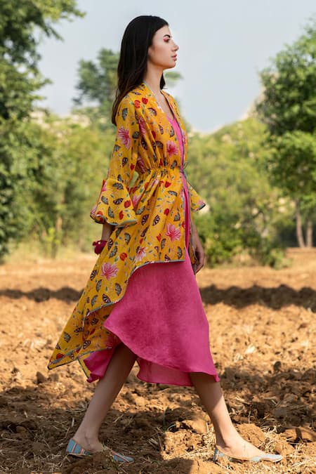 Rang Swati Vijaivargie_Pink Modal Satin, Silk Chanderi V Neck Dress With Printed Jacket _Online_at_Aza_Fashions