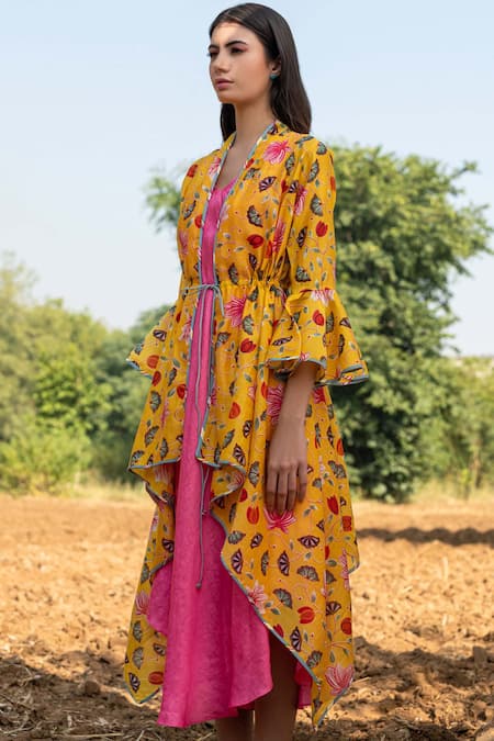 Buy_Rang Swati Vijaivargie_Pink Modal Satin, Silk Chanderi V Neck Dress With Printed Jacket _Online_at_Aza_Fashions