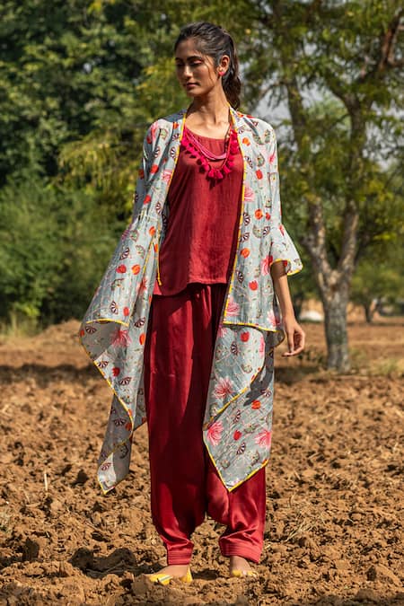 Buy Rang Swati Vijaivargie Grey Modal Satin, Silk Chanderi Round Printed Jacket And Draped Pant Set Online at Aza Fashions Buy_Rang Swati Vijaivargie_Grey Modal Satin, Silk Chanderi Round Printed Jacket And Draped Pant Set _Online_at_Aza_Fashions