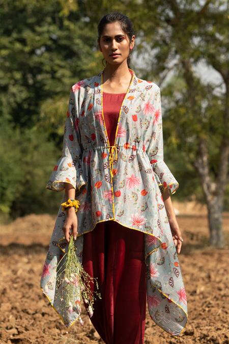 Shop Rang Swati Vijaivargie Grey Modal Satin, Silk Chanderi Round Printed Jacket And Draped Pant Set Online at Aza Fashions Shop_Rang Swati Vijaivargie_Grey Modal Satin, Silk Chanderi Round Printed Jacket And Draped Pant Set _Online_at_Aza_Fashions