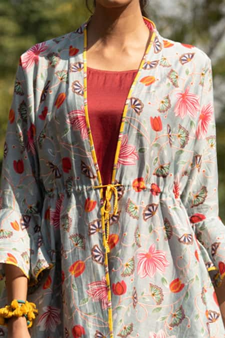 Rang Swati Vijaivargie Grey Modal Satin, Silk Chanderi Round Printed Jacket And Draped Pant Set at Aza Fashions Rang Swati Vijaivargie_Grey Modal Satin, Silk Chanderi Round Printed Jacket And Draped Pant Set _at_Aza_Fashions