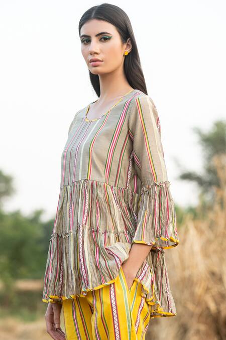 Shop_Rang Swati Vijaivargie_Beige Silk Chanderi Round Striped Top _Online_at_Aza_Fashions